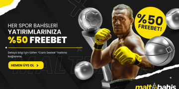 Maltbahis Her Yatırıma %50 Free Bet 1) Bu promosyondan yararlanabilmeniz için minimum 20 TL tutarında yatırım gerçekleştirmeniz gerekmektedir. 2) Yatırımınıza istinaden yararlanabileceğiniz %50 FreeBet hakkinizi canlı destek üzerinden talep edebilirsiniz. 3) Freebet talep edebilmek için yatırım miktarınızı spor bahislerinde bahis aldıktan sonra (kuponun sonuçlanması önemli değildir) CANLI DESTEK hattından talep edebilirsiniz.Alınan FREEBET Futbol; Canli ve Mac Öncesi karsilasmalarda Mac Sonucu ve Maçın Geri Kalanını Kim Kazanır marketlerinde kullanılabilir. Basketbol; Canli ve Mac Öncesi karsilasmalarda Mac Sonucu marketinde kullanılabilir. 4) Maksimum yararlanabileceğiniz Freebet tutarı 150 TL’dir ve Freebet ile maximum 250 tl kazanilabilir. 5) Freebetinizi aktif etmek için minimum 3 müsabaka ve her seçiminiz minimum 1.50 orandan oluşacak şekilde bahis almanız gerekmektedir. Freebetin kullanım süresi 24 saattir. 6) Kuponunuzun kazanç olarak sonuçlanması durumunda olası kazanç tutarından Freebet tutarı otomatik olarak düşmektedir.
