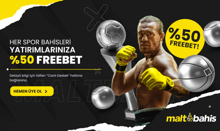 1) Bu promosyondan yararlanabilmeniz için minimum 20 TL tutarında yatırım gerçekleştirmeniz gerekmektedir. 2) Yatırımınıza istinaden yararlanabileceğiniz %50 FreeBet hakkinizi canlı destek üzerinden talep edebilirsiniz. 3) Freebet talep edebilmek için yatırım miktarınızı spor bahislerinde bahis aldıktan sonra (kuponun sonuçlanması önemli değildir) CANLI DESTEK hattından talep edebilirsiniz.Alınan FREEBET Futbol; Canli ve Mac Öncesi karsilasmalarda Mac Sonucu ve Maçın Geri Kalanını Kim Kazanır marketlerinde kullanılabilir. Basketbol; Canli ve Mac Öncesi karsilasmalarda Mac Sonucu marketinde kullanılabilir. 4) Maksimum yararlanabileceğiniz Freebet tutarı 150 TL’dir ve Freebet ile maximum 250 tl kazanilabilir. 5) Freebetinizi aktif etmek için minimum 3 müsabaka ve her seçiminiz minimum 1.50 orandan oluşacak şekilde bahis almanız gerekmektedir. Freebetin kullanım süresi 24 saattir. 6) Kuponunuzun kazanç olarak sonuçlanması durumunda olası kazanç tutarından Freebet tutarı otomatik olarak düşmektedir.